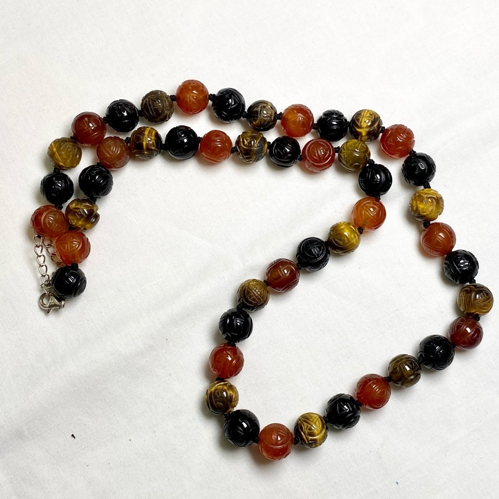 Tigers Eye, Onyx, and Carnelian Beaded Necklace